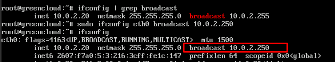 Assigning and verifying broadcast with ifconfig terminal output