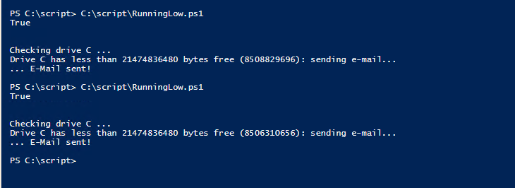 RunningLow - PowerShell script to check for disk space and send e-mail
