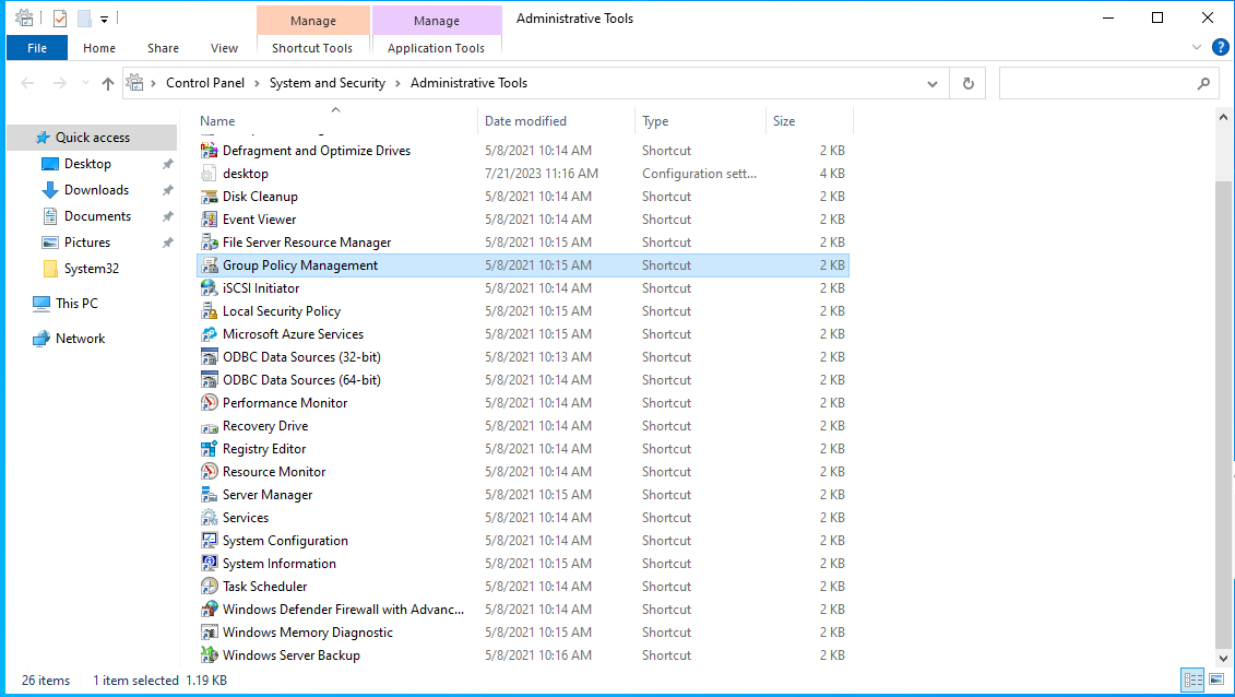 Policy Management shortcut in Administrative Tools